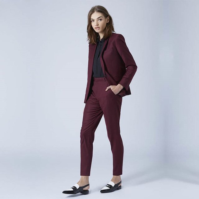 Bordowe czerwone damskie spodnie Slim Fit formalne do biura - 2 sztuki - tanie ubrania i akcesoria