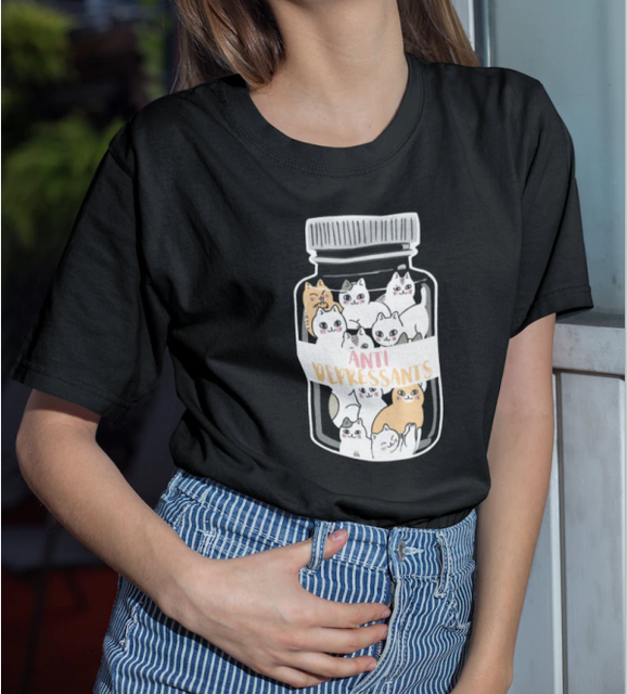 Estetyczna koszula Antydepresyjny Kawaii kot - słodkie, śmieszne, unisex medycyna stresu - tanie ubrania i akcesoria