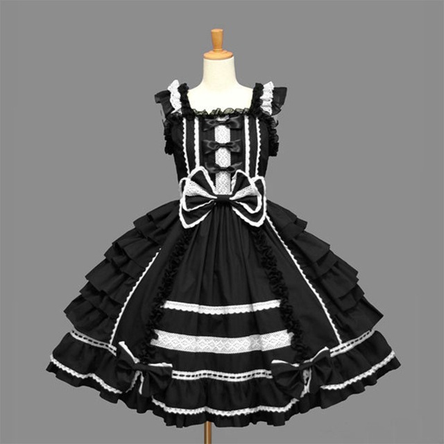 Sukienka Lolita JSK Lolita Cosplay - Klasyczne czarne bawełniane, krótkie rękawy, z potarganym łukiem - dla dziewczyn S-XXL - tanie ubrania i akcesoria