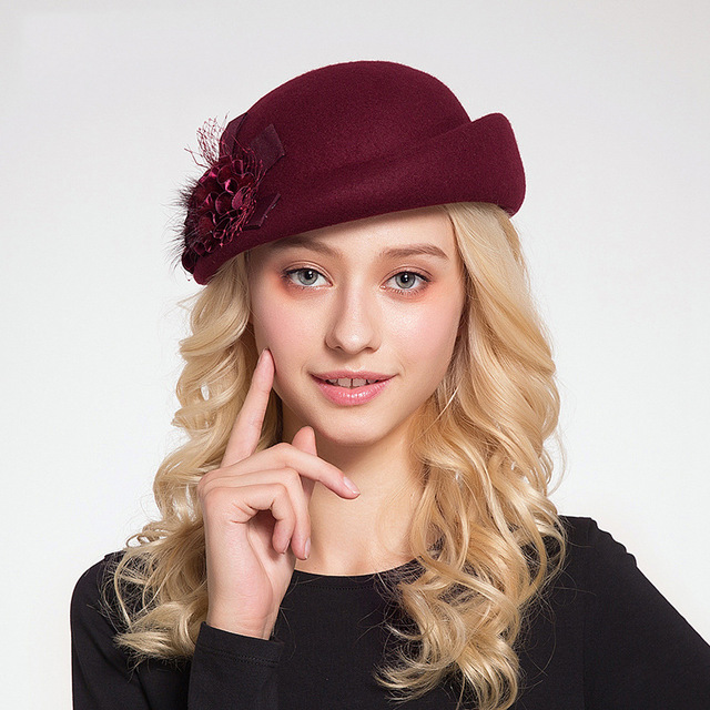 Damska wełniana czapka Fedora zimowa w stylu vintage z kwiatowym wzorem - tanie ubrania i akcesoria