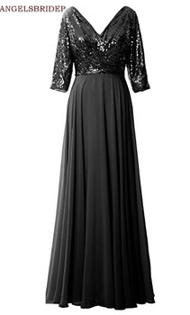 Suknia wieczorowa dla matki panny młodej z długim rękawem i dekoltem w szpic, ozdobiona cekinami - plus size