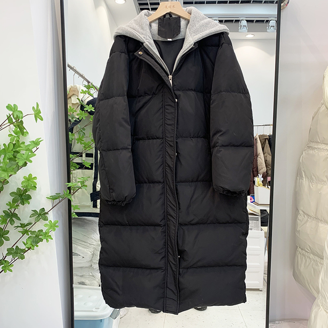 Wysokiej jakości damska puchowa kurtka zimowa z kapturem w białym kolorze, luźna i casual, długi rękaw, w połowie łydki - Coar Fashion - tanie ubrania i akcesoria