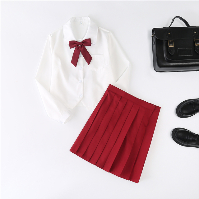 Jesień - dwuczęściowy zestaw damskiej garsonki: bluzka z długim rękawem i plisowana spódnica JK-style z łukiem - tanie ubrania i akcesoria