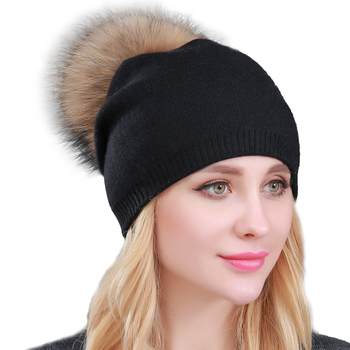 Zima: Gruba Dwuwarstwowa Kaszmirowa Czapka Beanie z Prawdziwym Szopem DIY Pomponem - Slouchy, Słodka Czapka dla Kobiet