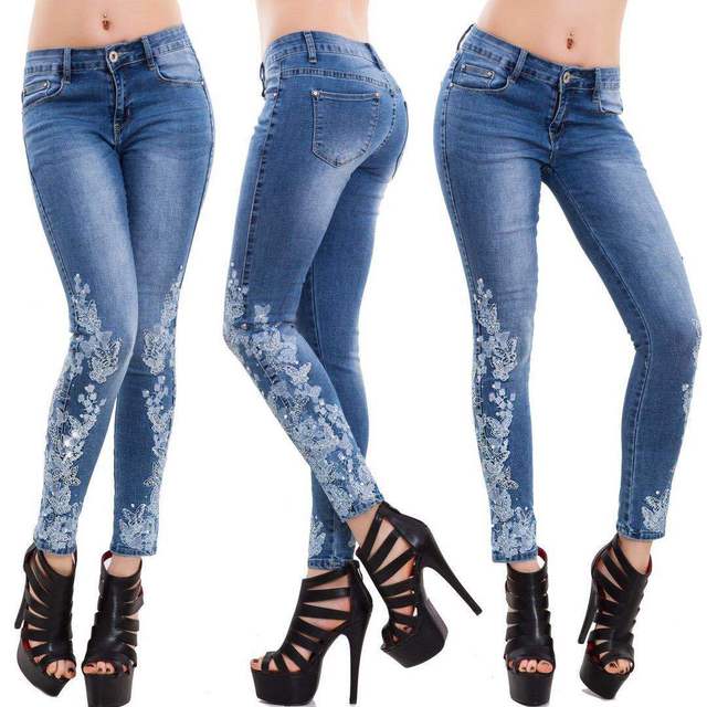 Wąskie spodnie jeansowe haftowane w łydkach dla kobiet rozmiar S-5XL - tanie ubrania i akcesoria