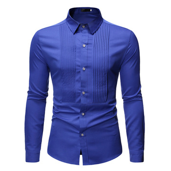 Męska koszula ślubna Royal Blue 2021 - moda Slim Fit, długi rękaw, Casual Business Homme