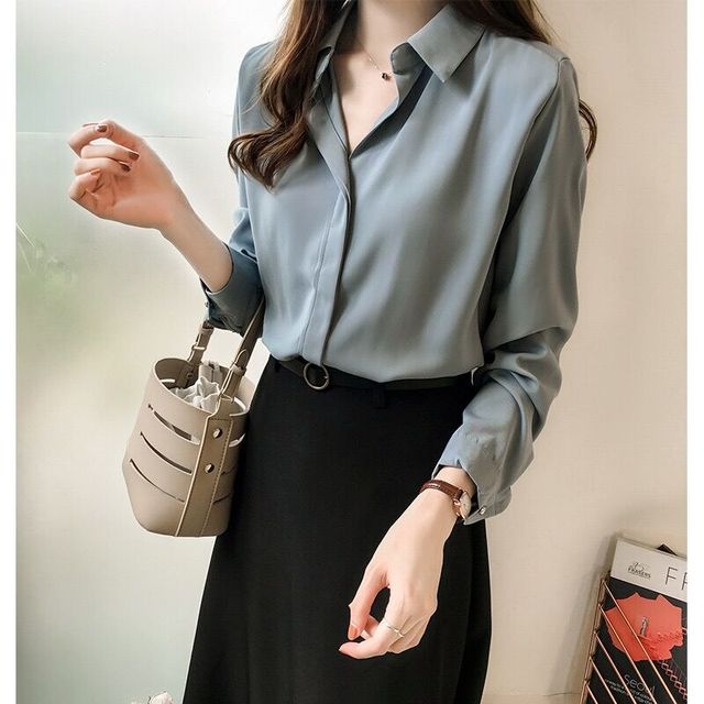 Nowa koreańska koszula damska z długim rękawem w czystym kolorze szyfonu – Wiosna/Jesień 2021 - tanie ubrania i akcesoria