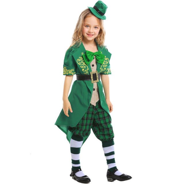Kostium Dziewczynka irlandzkiej grupy rodzinnej karzeł St Patrick Kapelusz Elf Fancy Derby Top Spodnie Garnitur - tanie ubrania i akcesoria