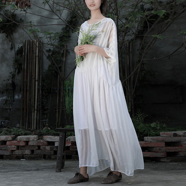 Nowa jesień 2021: Johnature Women - biała sukienka w kształcie skrzydła nietoperza z vintage wzorem, łatwy w noszeniu luźny fason - tanie ubrania i akcesoria