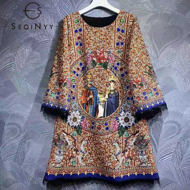 Sukienka Mini Seqinyy na jesień i zimę - Frezowane kwiaty, cekinowe zdobienia, brązowy kolor (Kategoria: Suknie) - tanie ubrania i akcesoria