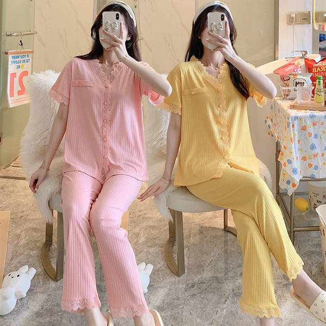 Piżama bawełniana z krótkim rękawem i długimi spodniami V-neck dla kobiet - lato 2021, koronkowe zestawy Homewear Pijama Mujer - tanie ubrania i akcesoria