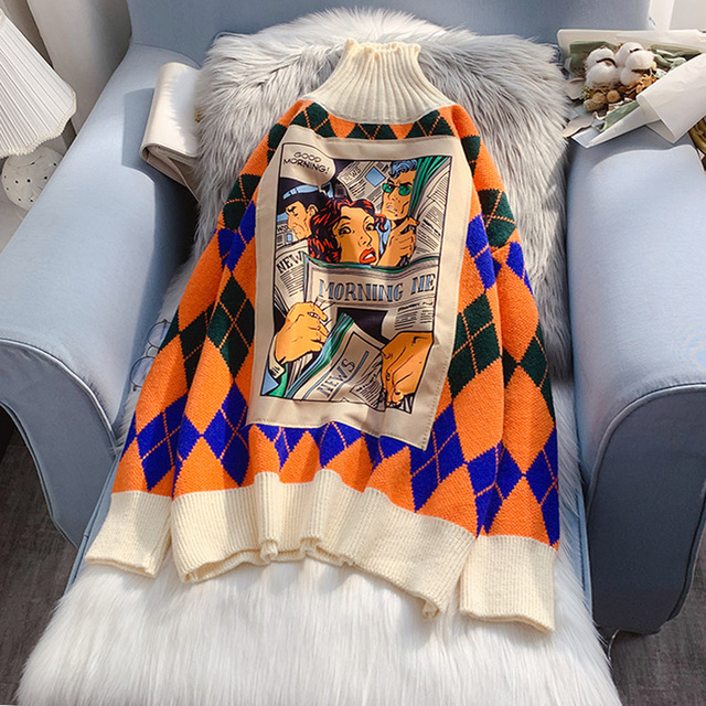 Nowoczesny damsaki sweter Argyle z golfem i nadrukiem kreskówki - ciepła dzianina, długi rękaw - kolorowe wzory - tanie ubrania i akcesoria