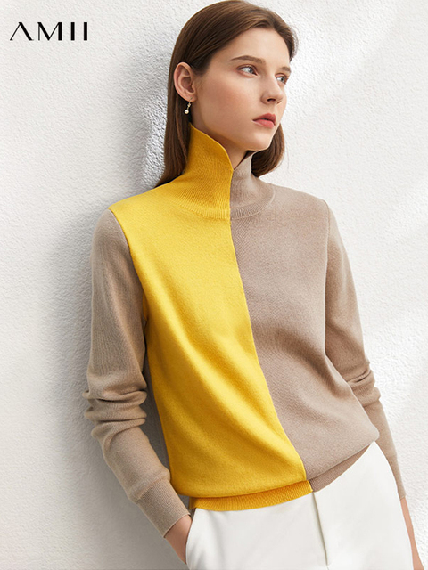 Damski pulower Amii w stylu minimalistycznym z łączonymi kontrastowymi elementami i kołnierzykiem Polo - tanie ubrania i akcesoria