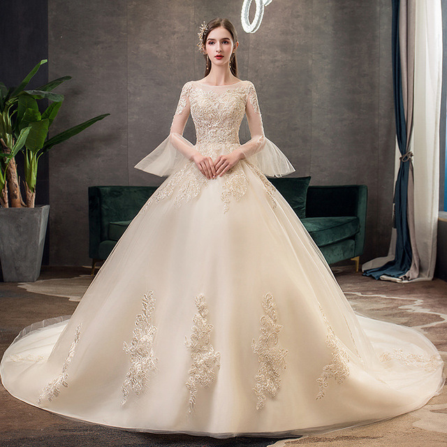 Nowa, szczupła suknia ślubna 2021 jesienno-zimowa o długim trenie i rękawach w koreańskim stylu - szampan, duży rozmiar - tanie ubrania i akcesoria