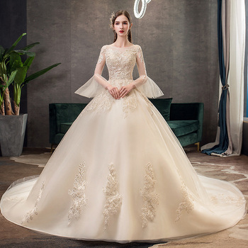 Nowa, szczupła suknia ślubna 2021 jesienno-zimowa o długim trenie i rękawach w koreańskim stylu - szampan, duży rozmiar