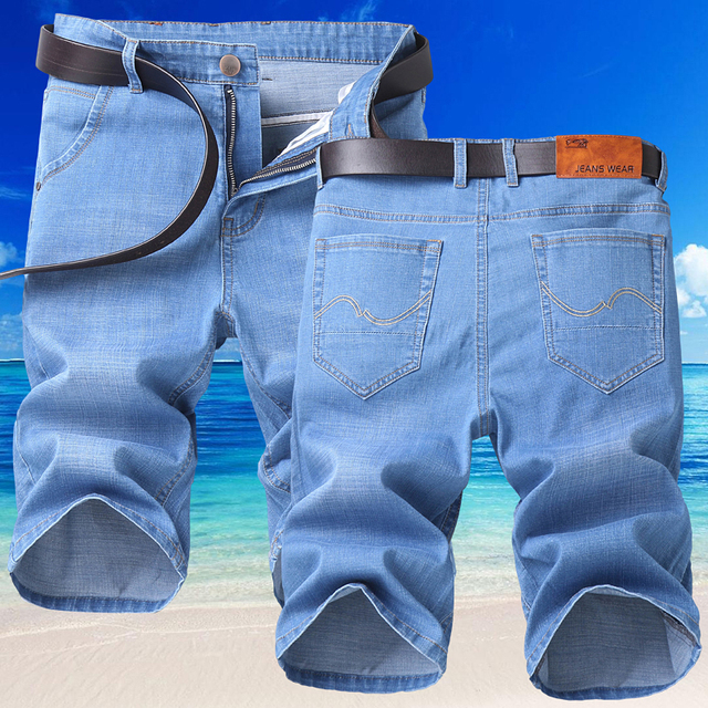Nowe męskie jeansowe spodenki 2021, luźne, proste nogawki, elastyczne, przycięte, w stylu biznes casual - tanie ubrania i akcesoria