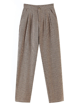 Eleganckie plisowane spodnie capri w kratę damskie - pepitka, wełna, luźne, haremowe