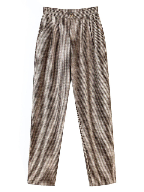 Eleganckie plisowane spodnie capri w kratę damskie - pepitka, wełna, luźne, haremowe - tanie ubrania i akcesoria