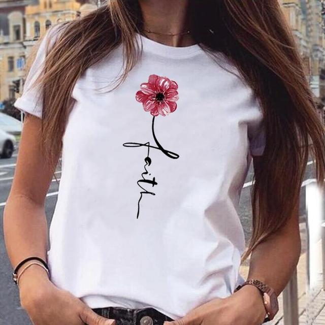 Lato Casual T-shirt z krótkim rękawem dla kobiet, moda kwiatowa z nadrukiem - Faith Femme - tanie ubrania i akcesoria