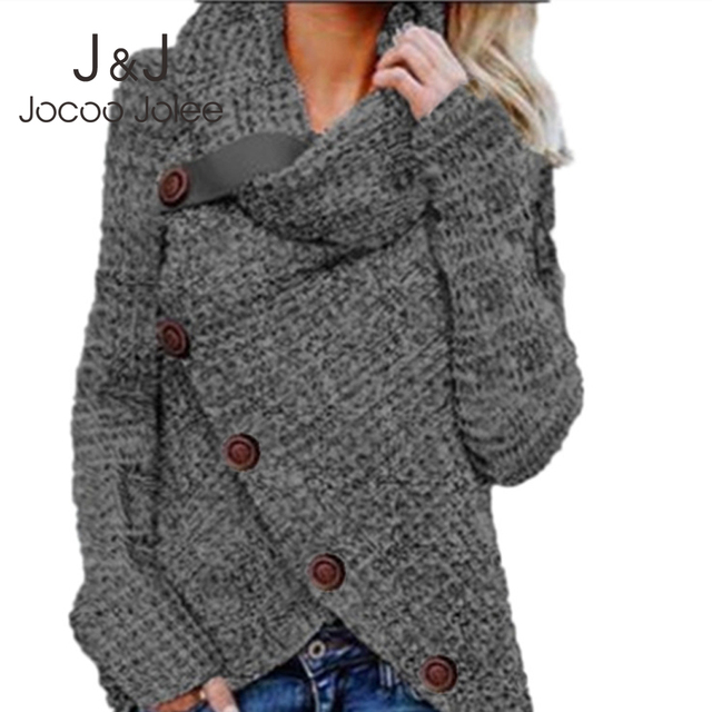 Rozpinany sweter damski Jocoo Jolee - jesień/zima - nieregularny fason - luźny - sweter o intensywnym kolorze z golfem - szydełkowane wykończenie - tanie ubrania i akcesoria