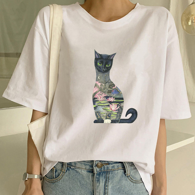 Bluzka z krótkim rękawem z nadrukiem uroczego kreskówkowego kota - 2021 nowość w modzie dla pań - tanie ubrania i akcesoria