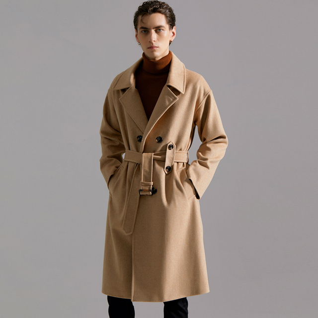 Męski długi płaszcz z wełny francuskiej zimowej 2021: retro styl, luźny fason, nad kolano, brytyjskie piękno - tanie ubrania i akcesoria