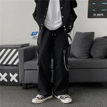 Streetwear męskie spodnie Cargo Goth Punk z łańcuszkiem i szerokimi nogawkami
