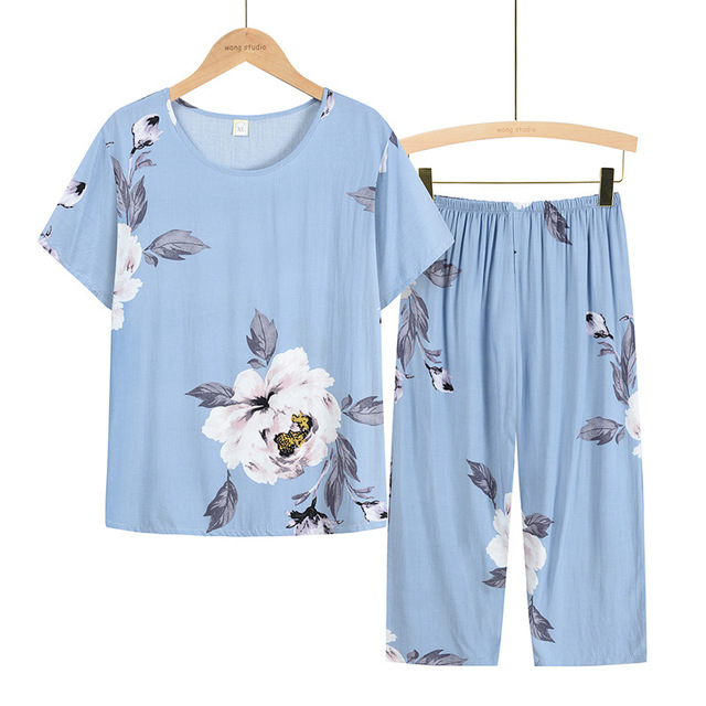 Nowa letnia piżama dla kobiet z krótkim rękawem i kwiatowym printem wokół szyi, wykonana z bawełny i jedwabiu, dostępna w rozmiarze Plus - 2 sztuki - tanie ubrania i akcesoria