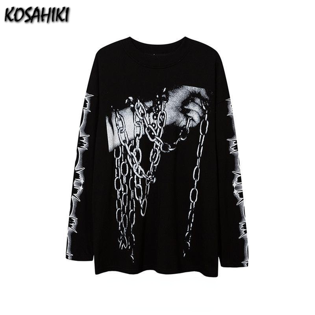 Koszulka damska KOSAHIKI Top Punk Gothic z długim rękawem - modny wydruk, luźny fason, czarny kolor - tanie ubrania i akcesoria