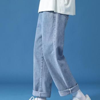 Jeansy męskie Streetwear Hip Hop z szerokimi, prosto spadającymi nogawkami i wieloma kieszeniami w kolorze jeansowym