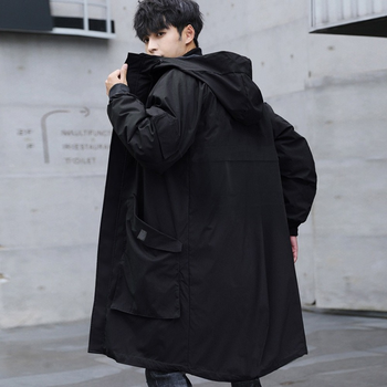 Duża, czarna koreańska kurtka męska z kapturem i dużymi kieszeniami - płaszcz jesienny z kategorii Kurtki