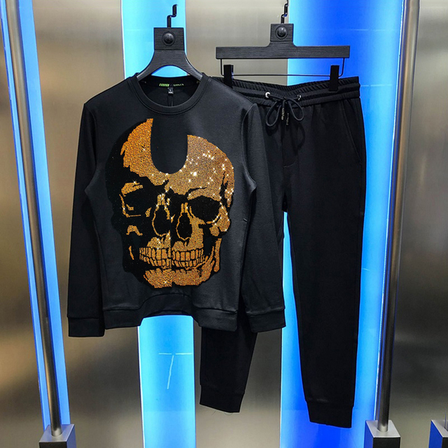 Męski sweter jesiennej/zimowej kolekcji z diamentowym wzorem drobny tytuł złota Big Skull i spodnie Slim - zestaw na co dzień - tanie ubrania i akcesoria