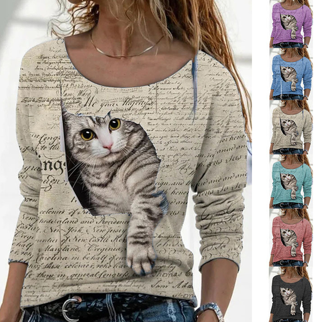 Damska koszulka z długim rękawem z nadrukiem zwierząt - świąteczna kolekcja 2021 - tanie ubrania i akcesoria