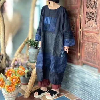Sukienka jesienno-zimowa damskie stylu chińskiego Johnature w patchworkowych kolorach, wykonana z wysokiej jakości bawełny i lnu, z długimi rękawami i okrągłym dekoltem (2021)