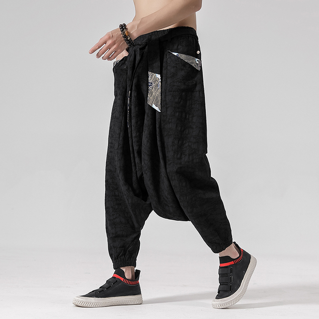 Męskie spodnie Oversized w stylu Casual, z materiału bawełniano-lnianego, Patchwork Streetwear 2021 - tanie ubrania i akcesoria