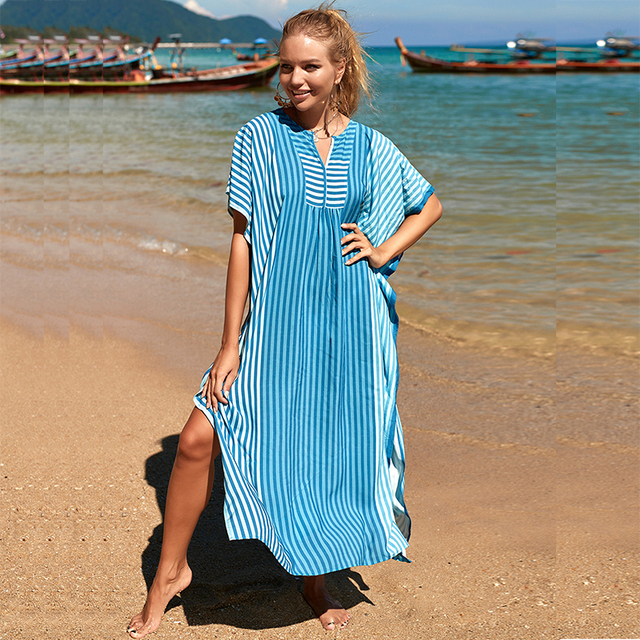 Okrycie plażowe w paski z nadrukiem boho maxi sukienka 2021 - extra size - tanie ubrania i akcesoria