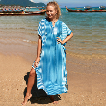 Okrycie plażowe w paski z nadrukiem boho maxi sukienka 2021 - extra size