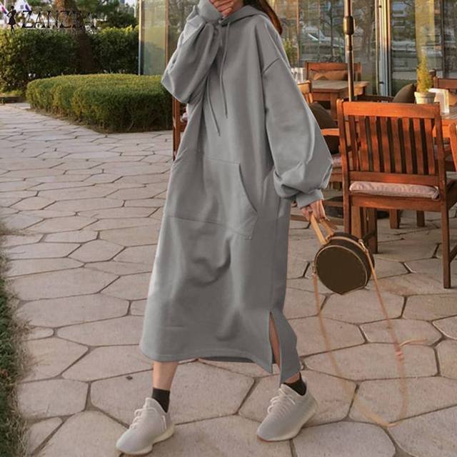 Bluza sukienka ZANZEA 2022 jesień Maxi jednolity kolor kobieta z kapturem długi rękaw - tanie ubrania i akcesoria
