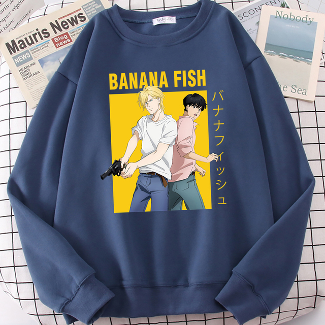 Męska bluza z kapturem o motywie japońskiej kreskówki - Bananowa rybka Anime bluza hip-hopowa w stylu ulicznym z polaru - tanie ubrania i akcesoria
