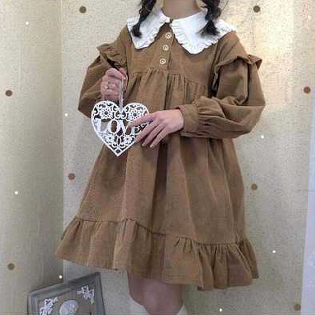 Sukienka Lolita w stylu Vintage z falbaną, bufiastymi rękawami i kokardą - elegancka japońska dziewczyna, słodka jak herbata, dla studentki księżniczki, idealna na spotkania - tanie ubrania i akcesoria