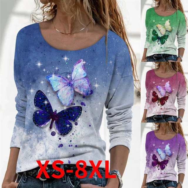 Nowa koszulka damska z motylem - koszulki z okrągłym dekoltem, długim rękawem i luzem, w modnej casualowej stylizacji - rozmiar Plus - tanie ubrania i akcesoria