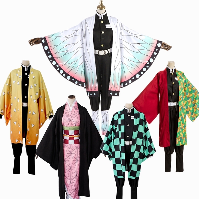 Pełny zestaw kostiumów cosplay z anime Demon Slayer Kimetsu nie Yaiba: Tanjiro Kamado, Nezuko, Zenitsu, Shinobu - mężczyźni i kobiety, kimono na Halloween - tanie ubrania i akcesoria