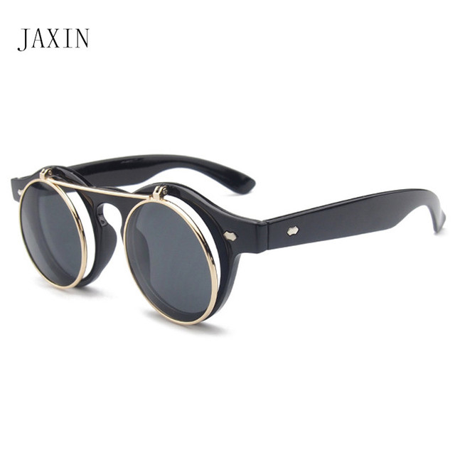 Czarne okulary przeciwsłoneczne damskie JAXIN Steampunk, retro, podwójne, z okrągłymi szkłami, marki Ms - tanie ubrania i akcesoria