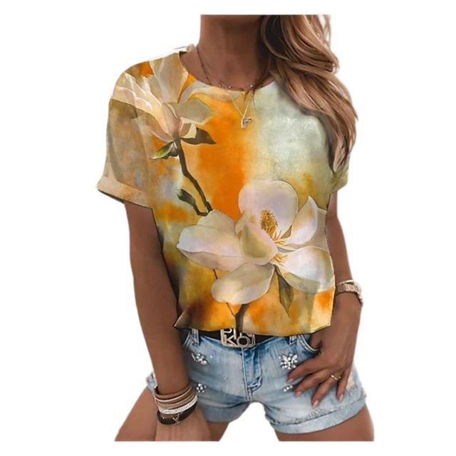 Koszulka damskiego T-shirtu z krótkim rękawem, wykonana z poliestru, z nadrukiem 3D w formie wzoru lotosu - tanie ubrania i akcesoria