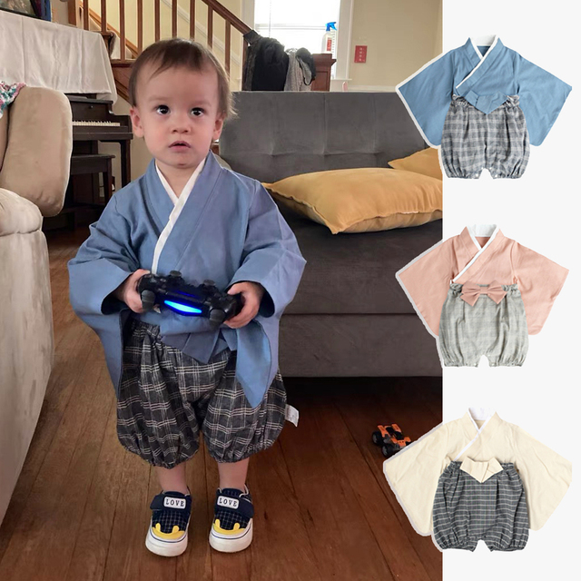 Piżama kimono dla noworodka w japońskim stylu - dziewczęcy lub chłopięcy wzór w kratkę - tanie ubrania i akcesoria