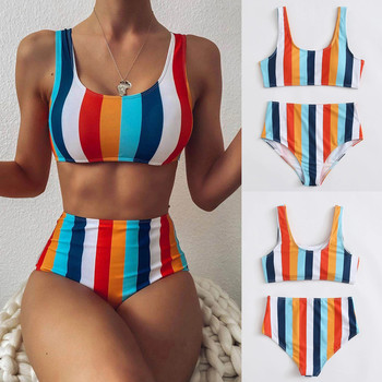 Zestaw bikini w paski z wysokim stanem i efektem push-up - drukowane wieczorowe zestawienie z zaburzeniem geometrii