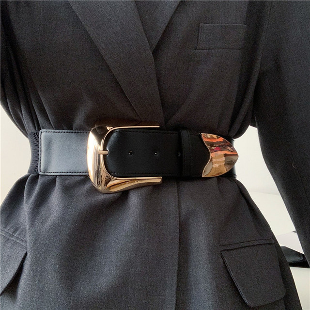 Duży Pasek Damski - Elastyczny czarny pasek o szerokości z klamrą aluminiową do sukienek, dodatk do talii - tanie ubrania i akcesoria