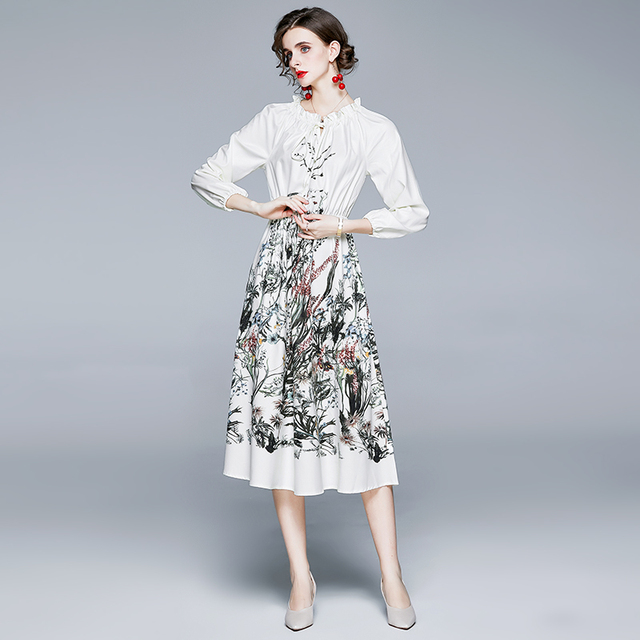 Wysokiej jakości sukienka z długim rękawem w stylu retro chińskim z motywem kwiatów atramentowych - elegancka i szczupła - tanie ubrania i akcesoria