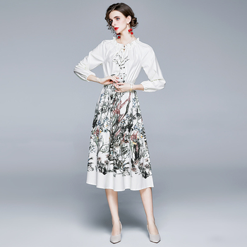 Wysokiej jakości sukienka z długim rękawem w stylu retro chińskim z motywem kwiatów atramentowych - elegancka i szczupła