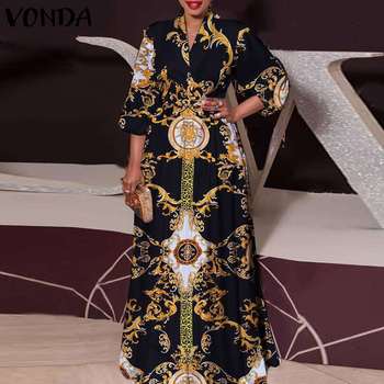 VONDA 2021 - Kobieca długa sukienka z nadrukiem vintage, plisowana, w stylu casual, idealna na lato i plażę